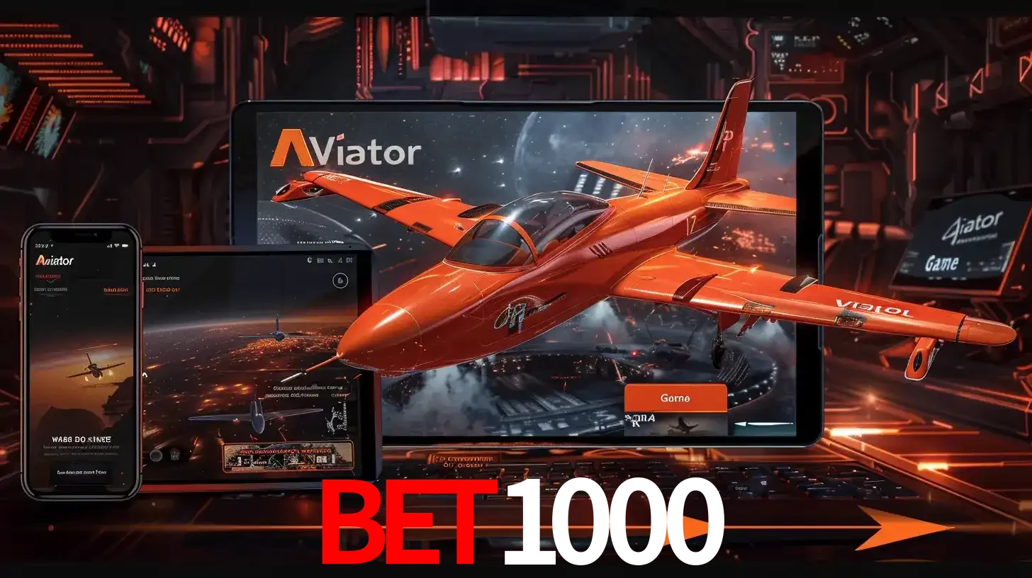 Apresentação tecnológica do jogo Aviator com um avião saindo da tela de um tablet, demonstrando a experiência imersiva em múltiplos dispositivos no BET1000.