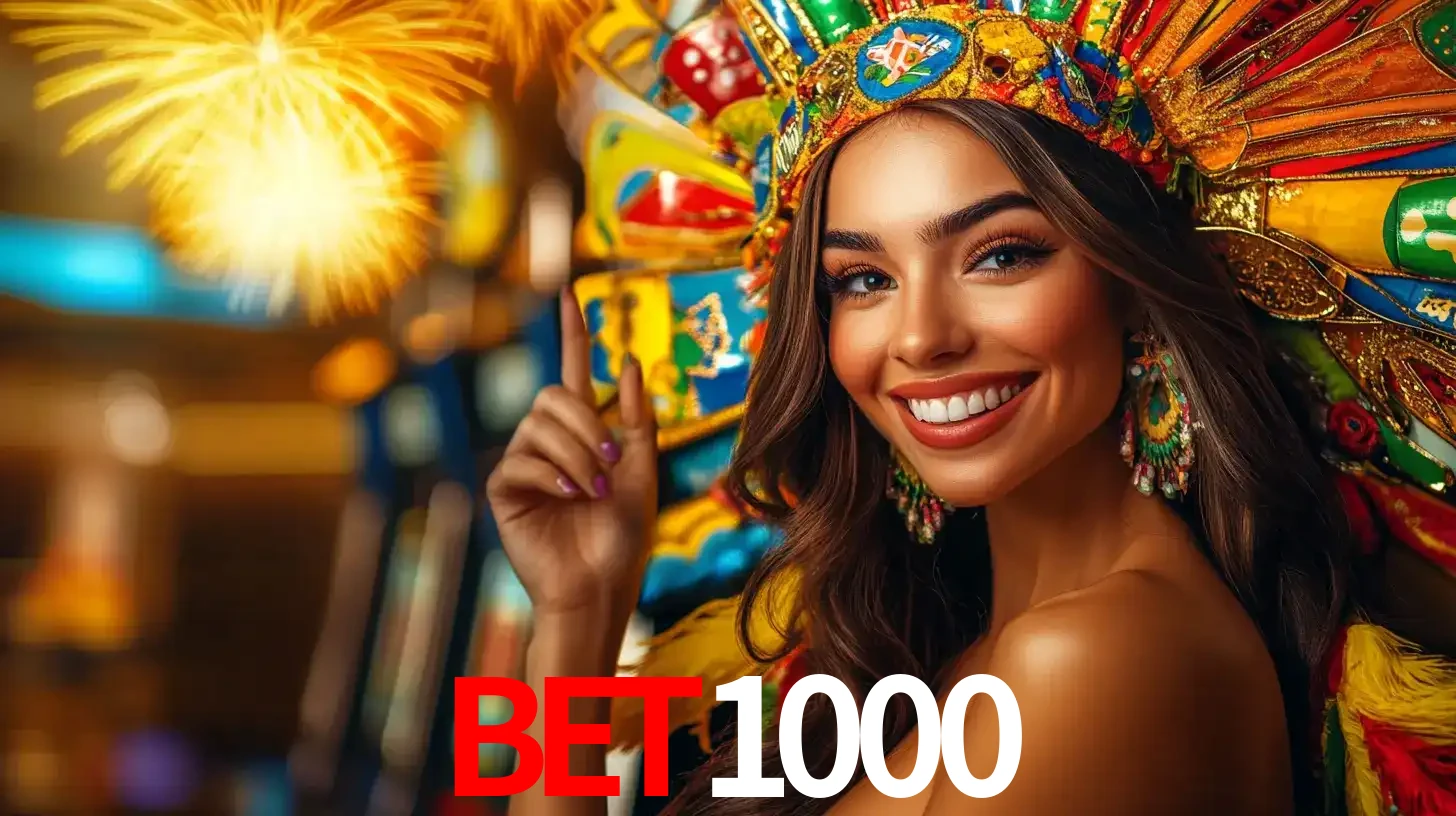 Mulher sorridente com um cocar de carnaval vibrante e colorido, celebrando uma grande vitória nos jogos do cassino BET1000 com fogos de artifício ao fundo.