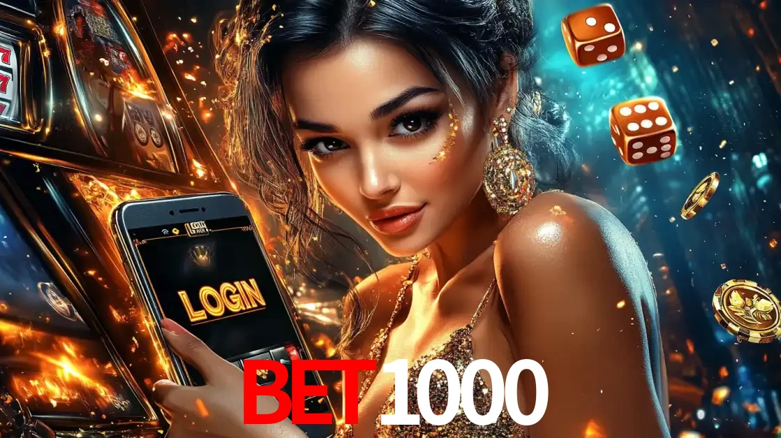 Mulher glamourosa segurando um celular com a tela de login do cassino BET1000, rodeada por dados e moedas douradas, pronta para começar a diversão.