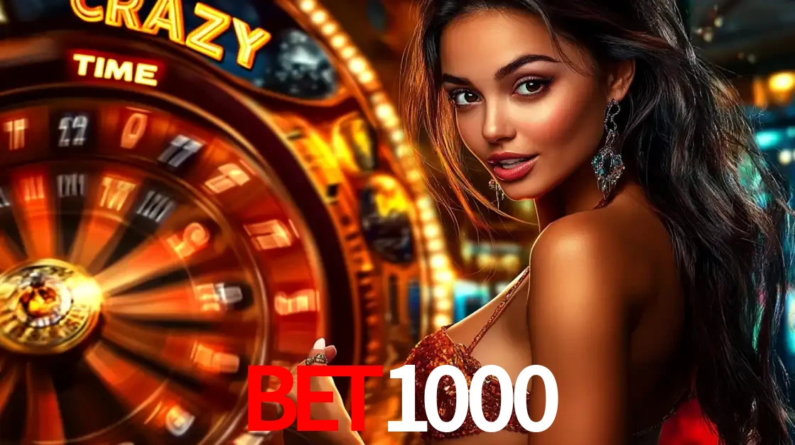 Mulher ao lado da roda de prêmios do jogo de cassino ao vivo Crazy Time, um dos shows de jogos mais emocionantes oferecidos pela plataforma de apostas BET1000.