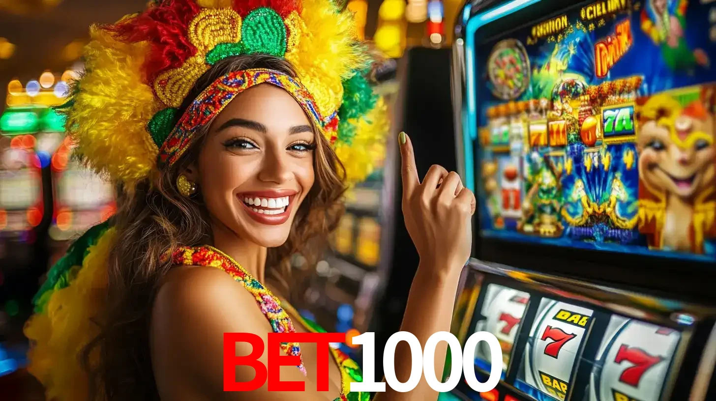 Mulher animada com um cocar de carnaval apontando para uma máquina de caça-níqueis, mostrando a emoção de ganhar um grande prêmio nos jogos do BET1000.