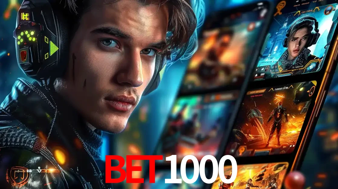Jovem jogador com fones de ouvido olhando para a câmera, com um aplicativo de jogos e e-sports para celular ao fundo, pronto para a competição e apostas no BET1000.