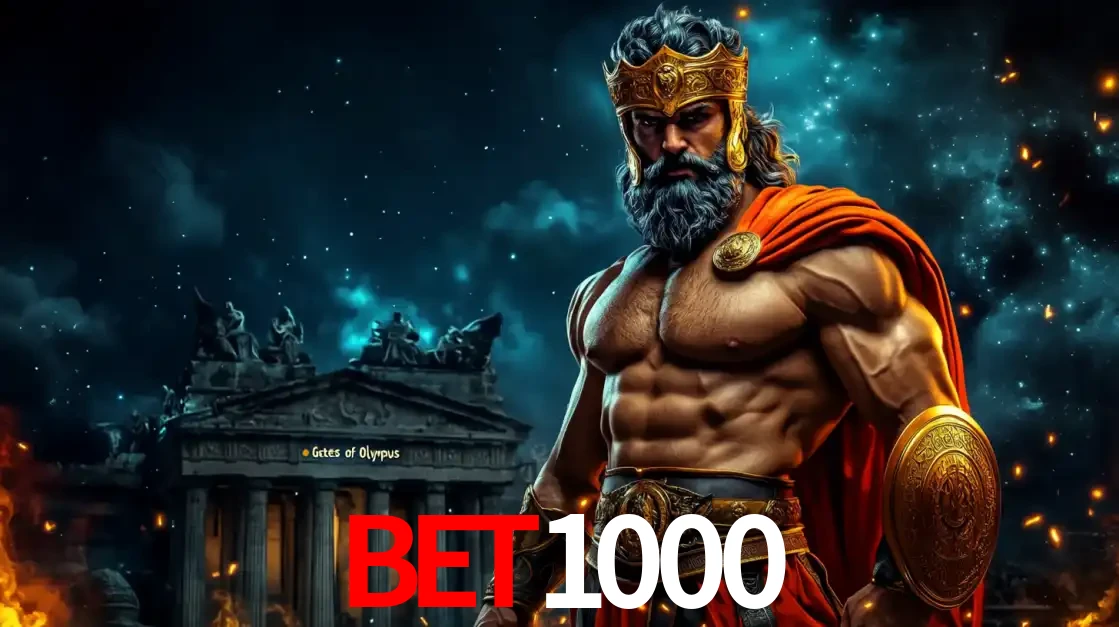 O poderoso Zeus do jogo de slot Gates of Olympus em frente ao seu templo, pronto para lançar multiplicadores divinos e prêmios épicos no cassino online BET1000.