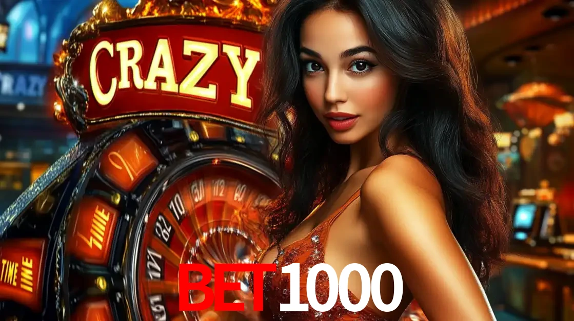 Mulher glamourosa olhando para a câmera com a roda vermelha do Crazy Time ao fundo em um ambiente de cassino, destacando a emoção dos jogos ao vivo no BET1000.
