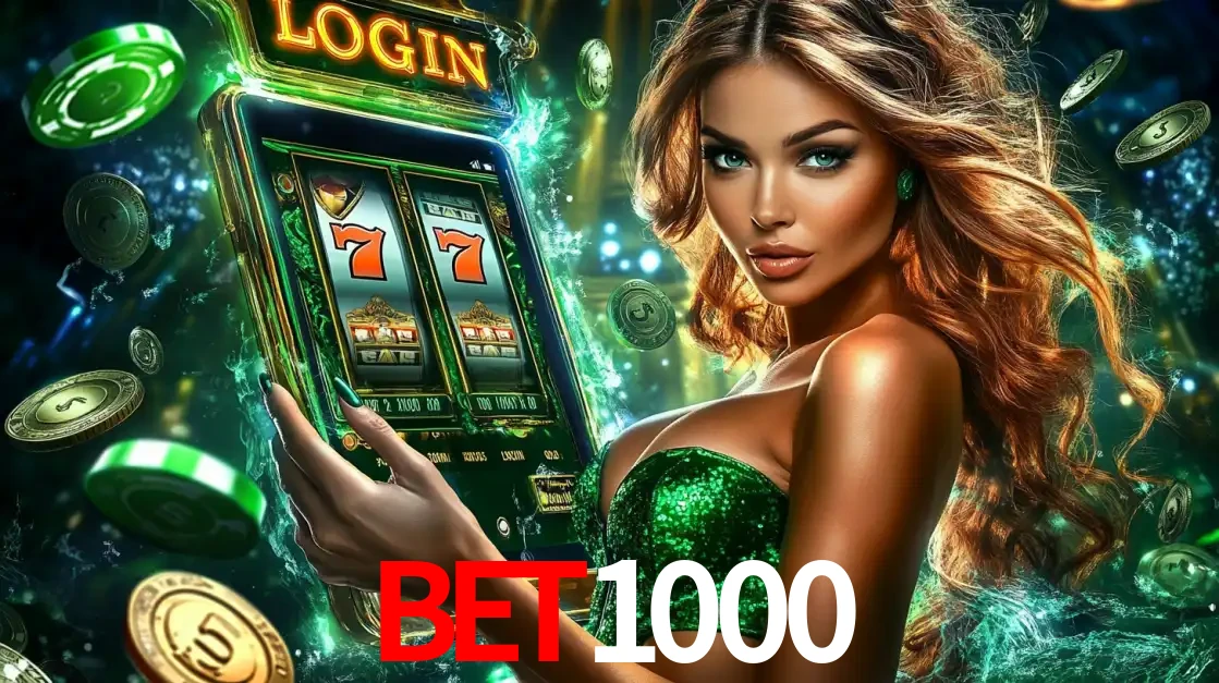 Mulher com tema verde apresentando o aplicativo do cassino BET1000 com um jogo de slot de 777, cercada por fichas de cassino e uma aura de sorte.