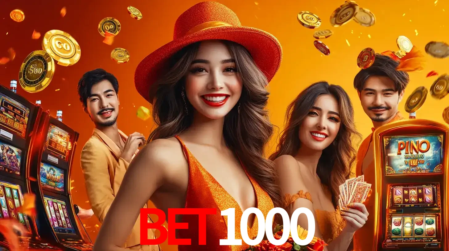 Grupo de amigos asiáticos sorrindo e se divertindo com máquinas de caça-níqueis em um ambiente festivo, celebrando suas vitórias nos jogos de cassino do BET1000.