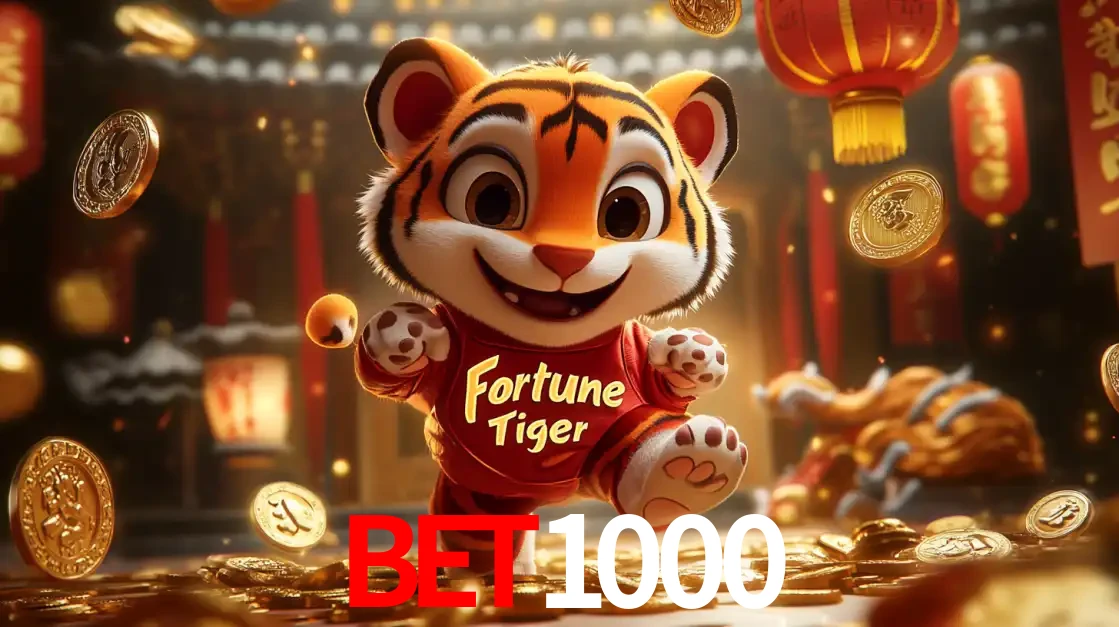 O alegre personagem do Fortune Tiger correndo sobre um caminho de moedas de ouro, simbolizando os grandes prêmios e a diversão do popular jogo de slot do BET1000.