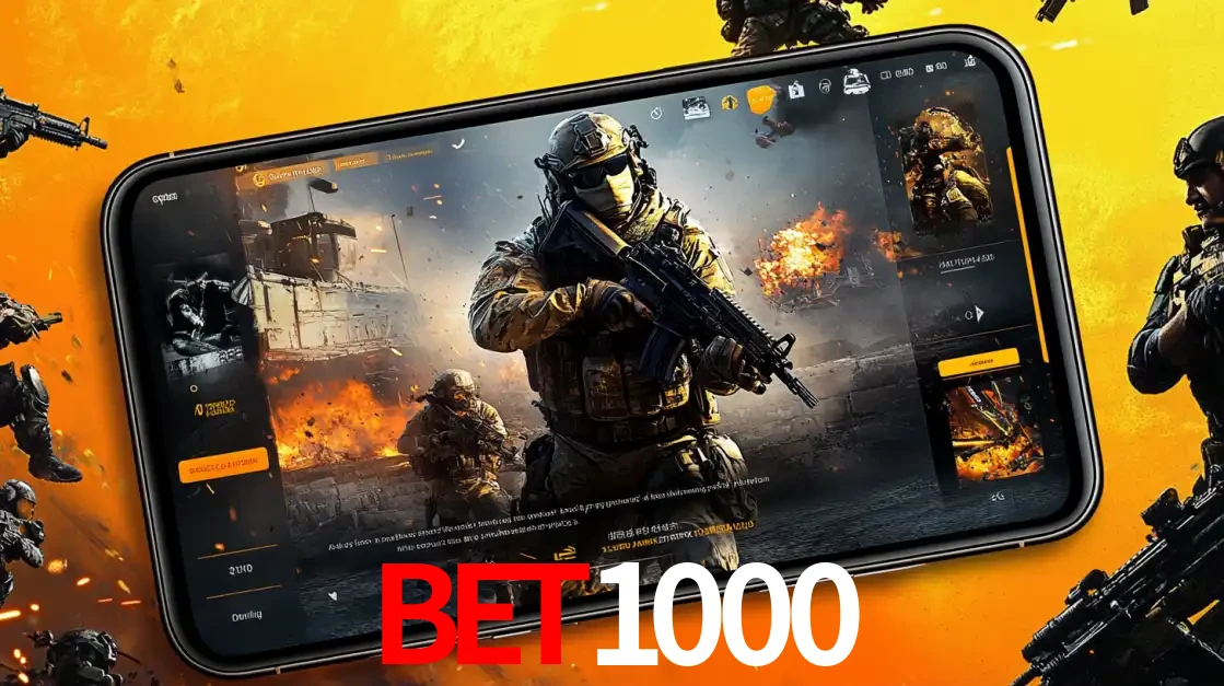 Um smartphone exibindo a interface de um jogo de tiro em primeira pessoa, com um soldado em um cenário de batalha, representando a ação dos e-sports para apostar no BET1000.