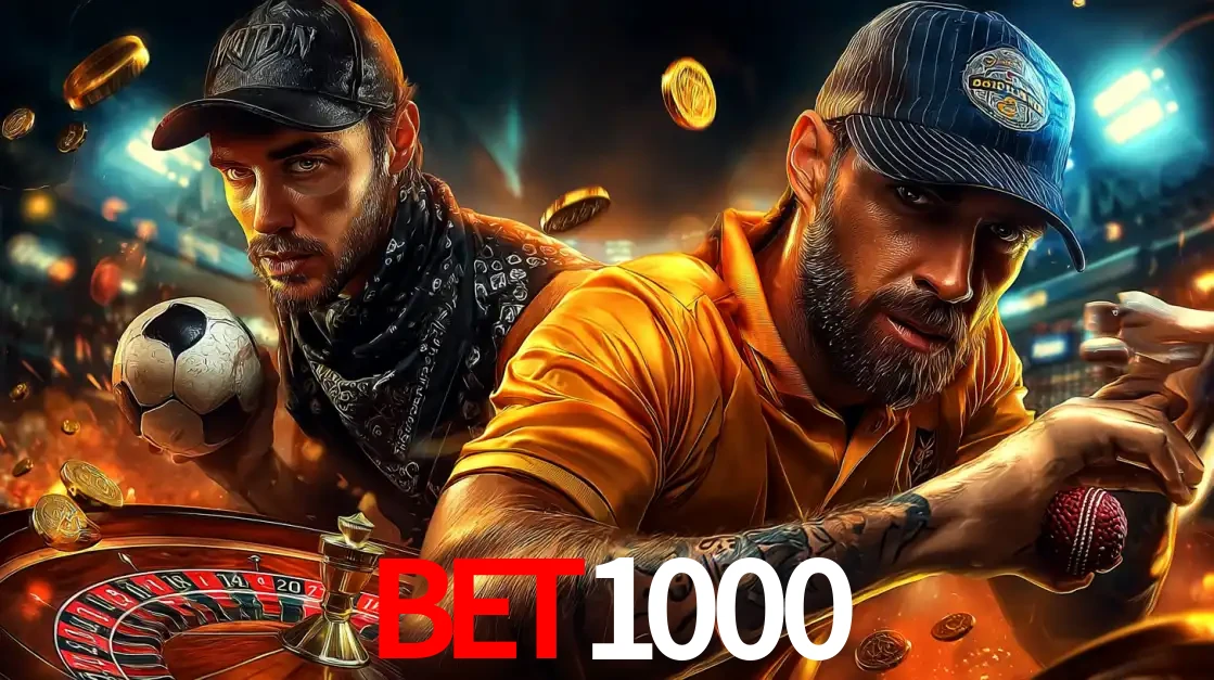 Montagem de apostas esportivas e cassino no BET1000, com um homem segurando uma bola de futebol e outro uma de beisebol sobre uma roleta e moedas voadoras.