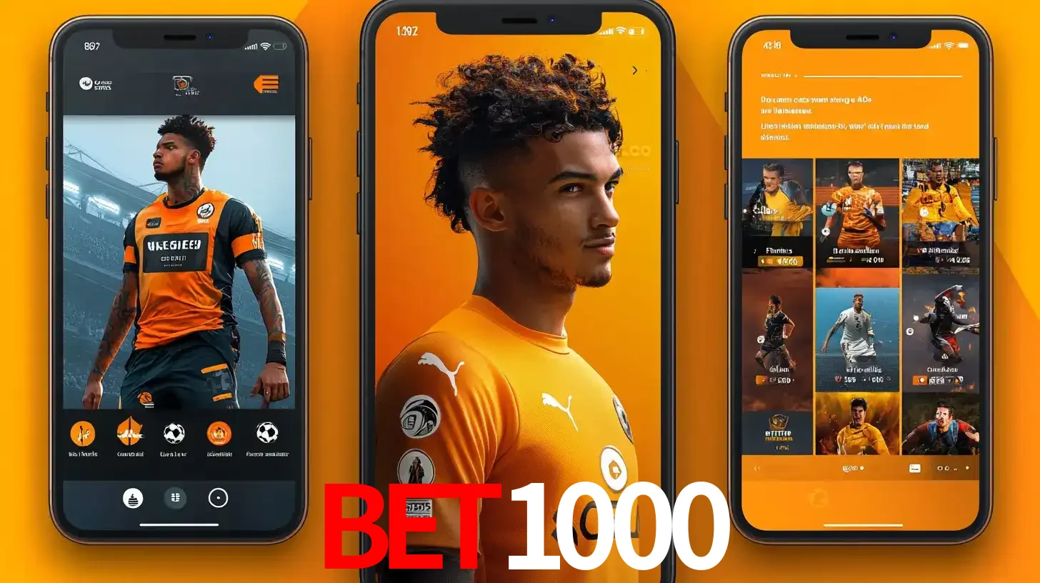 Interface do aplicativo de apostas esportivas BET1000 em três telas de celular, mostrando o perfil de um jogador de futebol e a lista de jogos disponíveis para apostar.