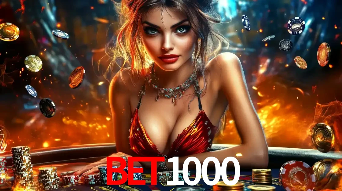 Mulher em uma mesa de cassino com pilhas de fichas e um fundo de fogo, pronta para uma rodada de altas apostas nos jogos de mesa emocionantes do cassino BET1000.