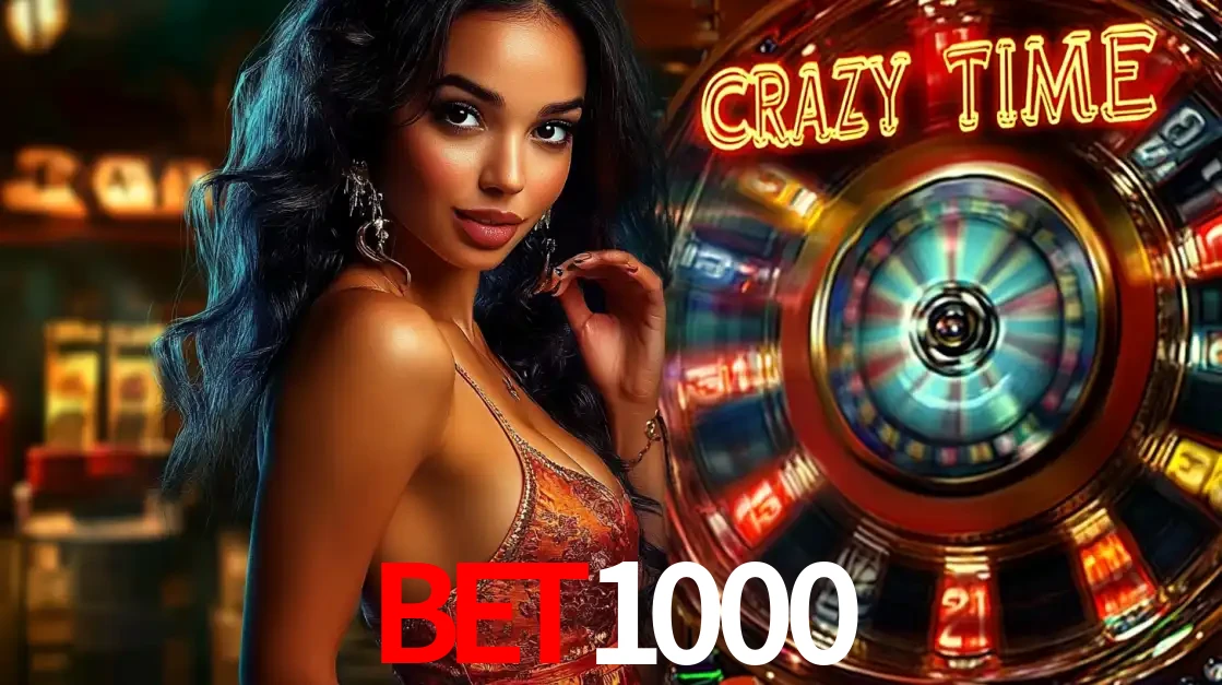 Mulher elegante ao lado da vibrante roda da fortuna do jogo de cassino ao vivo Crazy Time, um dos game shows mais populares e cheios de prêmios do BET1000.
