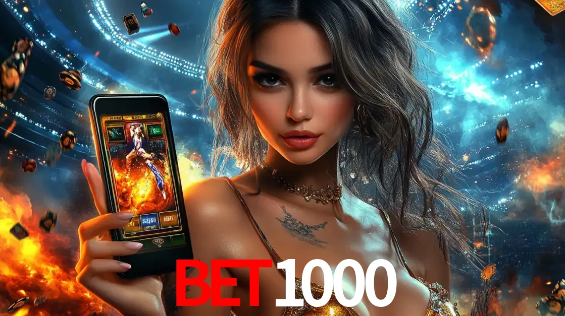 Mulher segurando um celular com um jogo de slot em destaque, tendo como fundo um estádio vibrante, simbolizando a emoção de jogar no cassino móvel BET1000.