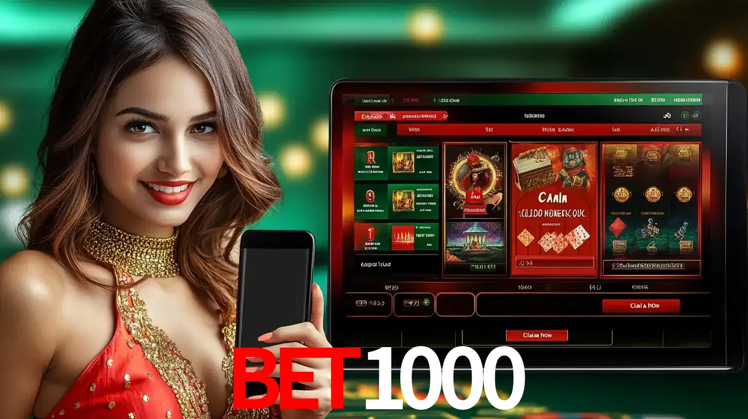 Mulher sorridente segurando um smartphone, ao lado de uma tela exibindo o lobby de jogos do cassino online BET1000, com várias opções de jogos de cartas e slots.